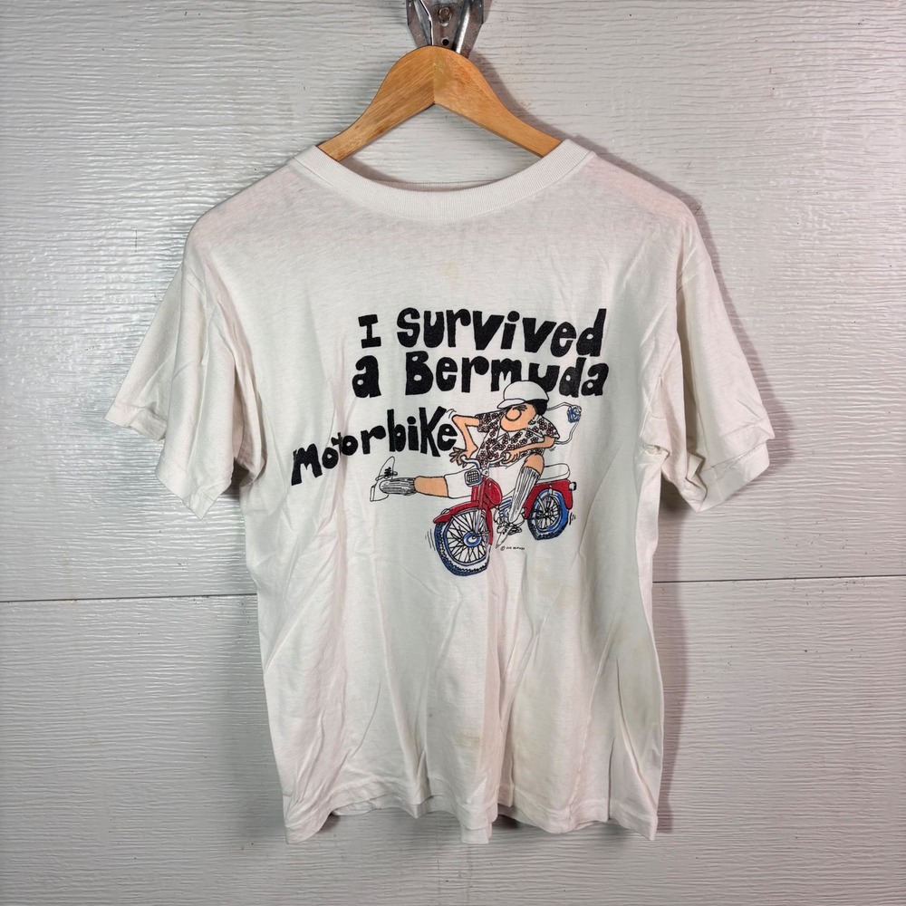 Vintage 70s Bermuda Motorbike I Survived Funny Eve McPhee Graphic T Shirt Medium
